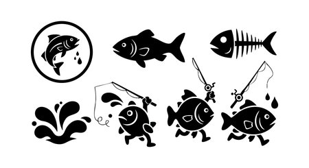 This vector set displays various fish and fishing icons with splash water and fishing rods, featuring bold black silhouettes and clear shapes, creating a dynamic and playful mood.のイラスト素材