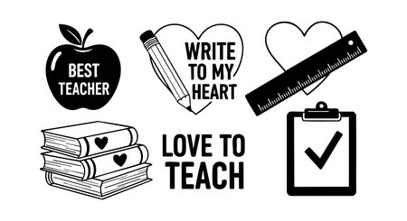 Vector illustration featuring best teacher apple, pencil with heart, ruler, stacked books, clipboard with checkmark, and love to teach text, symbolizing education and appreciation in a clean style. Cheerful.のイラスト素材