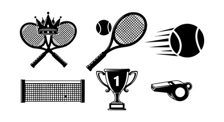 This vector illustration displays essential tennis equipment including rackets, ball, net, whistle, trophy, and crown icons in black. The design is simple and sporty, energetic.のイラスト素材