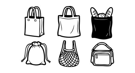 Illustration shows six different reusable shopping bags including tote, mesh, drawstring, and insulated styles promoting eco friendly and zero waste habits in daily life. Positive mood.のイラスト素材