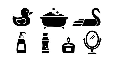 Vector illustration showing bathroom accessories and animal bath icons including duck, swan, soap dispenser, mirror, candle, and bottle in black silhouette style, simple and clean design, calm mood.のイラスト素材