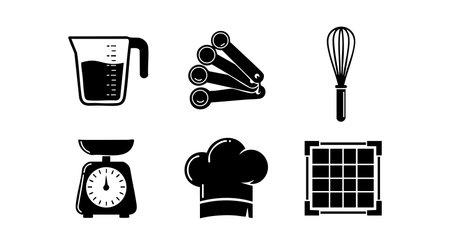 Vector illustration of essential cooking utensils including measuring cup, whisk, scale, chef hat, measuring spoons, and cutting board in black silhouette style. Practical kitchen tools in design. Functional mood.のイラスト素材