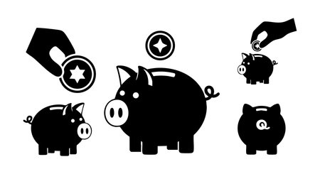 Vector illustration shows hands inserting coins into piggy banks of different sizes, symbolizing saving, investment, and financial growth concepts in a simple black silhouette style. Calm mood.のイラスト素材