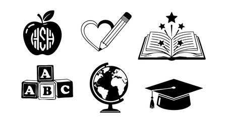 Black and white education icons include apple with letters pencil and heart open book with stars alphabet blocks globe and graduation cap in vector style creative and educational moodのイラスト素材