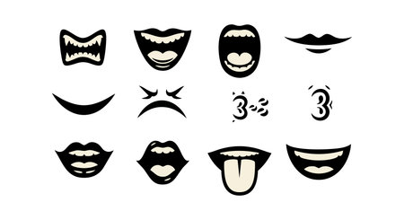 This vector image displays twelve different cartoon mouth expressions with teeth tongues and lips in a black and white style perfect for comics or emoticons creative playfulのイラスト素材