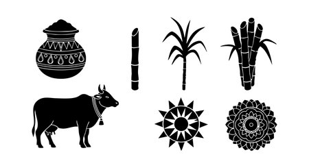 This vector file shows traditional Indian agriculture symbols including a cow, sugarcane, pot, and mandala. The elements reflect rural culture and farming heritage in black silhouette style. Cultural vector artwork with vintage charm.のイラスト素材
