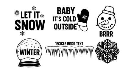 This vector illustration features winter snow elements including a snow globe, snowflake, icicles, and cold weather text icons in black and white with a minimalist design style. The mood is festive and chilly.のイラスト素材