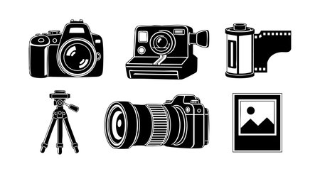 This vector illustration features a set of photography icons including vintage camera, modern DSLR, tripod, film roll, and photo frame in black silhouette style. Creative and minimalistic mood.のイラスト素材