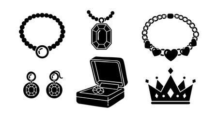 The vector shows black silhouette jewelry including bracelets necklaces earrings a ring in a box and a crown design presenting luxury and elegance in a simple style artisticのイラスト素材
