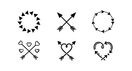 This vector set features love themed arrows with heart shapes and circular arrowhead frames, perfect for romantic decorations and designs, conveying affection and charm in a minimalist style. Romantic mood.のイラスト素材