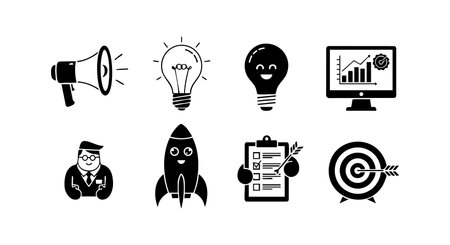 This vector set features business and marketing icons such as megaphone, lightbulb, rocket, target, checklist, and analytics graph, illustrating concepts of innovation and strategy. Professional mood.のイラスト素材