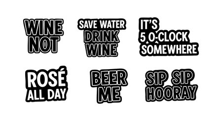 This vector illustration features six black and white humorous drinking sayings including wine and beer phrases in bold text perfect for party or bar designs cheerful.のイラスト素材