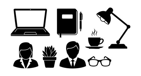 Vector office icons featuring laptop, notebook with pen, coffee cup, desk lamp, plant, glasses, and male and female business figures in black silhouette style, professional and simple mood.のイラスト素材