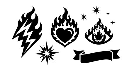 Vector illustration of black flame icons including heart fire eye fire lightning bolt starburst and a banner with stars around in a simple bold style. Energetic mood.のイラスト素材
