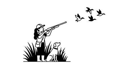 Illustration of a woman hunter aiming a rifle at flying birds with her dog sitting nearby in grass. The scene is depicted in black and white style. Calm mood.のイラスト素材