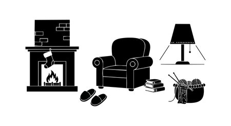 Black and white vector illustration showing a cozy living room with an armchair fireplace lamp slippers firewood and a knitting basket creating a warm inviting moodのイラスト素材