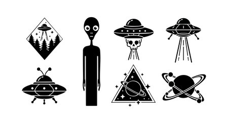 This vector set shows black silhouettes of alien figures, UFOs, planets, and cosmic symbols in a simple minimalist style. It emits a mysterious and sci-fi mood.のイラスト素材