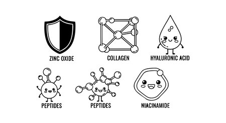 This vector illustration shows six skincare ingredient icons including zinc oxide shield collagen molecular structure hyaluronic acid drop peptides molecules and niacinamide cell with faces in black and white style friendly mood.のイラスト素材