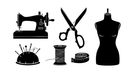 This vector illustration features a vintage sewing machine scissors mannequin pincushion thread and measuring tape in black silhouette style. It conveys creativity and craftsmanship mood.のイラスト素材