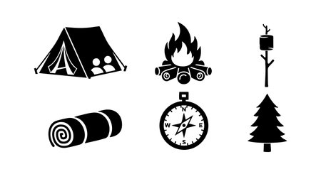 This vector illustration shows camping gear including a tent, campfire, compass, sleeping bag, pine tree, and birdhouse on a tree branch representing outdoor adventure and nature exploration mood.のイラスト素材