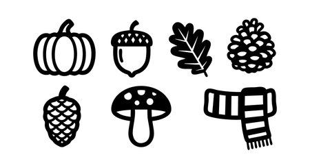 This vector illustration features simple black icons of autumn elements including a pumpkin, acorn, oak leaf, pine cones, mushroom, and a scarf, evoking a cozy fall mood.のイラスト素材