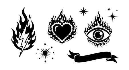 This vector illustration features black flames surrounding a heart, an eye, and a lightning bolt with stars and a banner in tattoo style. The design is bold and striking.のイラスト素材