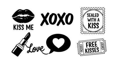 Black and white vector illustration of kiss lips, xoxo text, love speech bubble, lipstick, sealed with kiss stamp, and free kisses ticket with romantic theme and playful mood.のイラスト素材