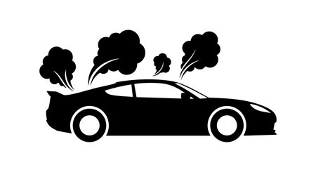 Black car silhouette emits multiple smoke exhaust fumes in a simple vector style symbolizing pollution and environmental concerns. Clean design with clear focus, impactful and serious mood.のイラスト素材