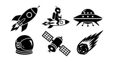 Collection of black space-themed icons featuring rockets, alien, flying saucer, astronaut helmet, satellite, and meteor in simple vector style, conveying cosmic adventure and mystery.のイラスト素材