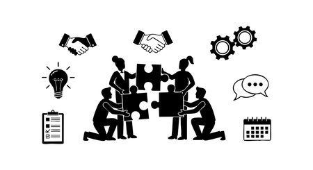 Illustration shows a group working together connecting puzzle pieces surrounded by icons representing ideas, communication, planning, and cooperation in a professional environment. Positive mood.のイラスト素材