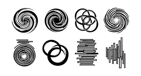 This vector file presents abstract black swirl and line shapes featuring circular and linear patterns in a modern design style suitable for creative projects and graphic art. Contemporary mood.のイラスト素材