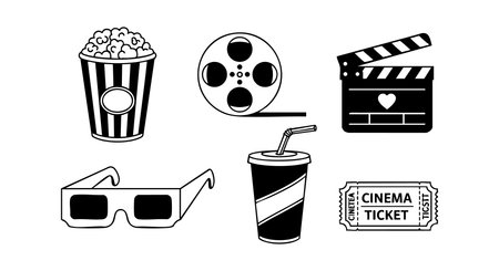 This vector illustration features classic cinema elements including popcorn, drink with straw, ticket, 3d glasses, film reel, and clapperboard with heart symbol creating a fun movie theme mood.のイラスト素材