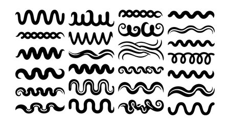 This vector file shows a collection of black hand drawn wave and swirl line decorative elements in simple style perfect for design projects with creative and playful moodのイラスト素材