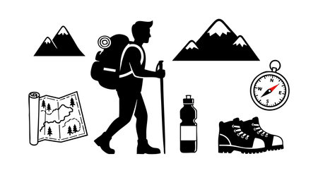 Silhouetted backpacker hiking with essential gear including map, water bottle, compass, and boots, set against mountain shapes in a clean black vector style. Adventurous and bold mood.のイラスト素材