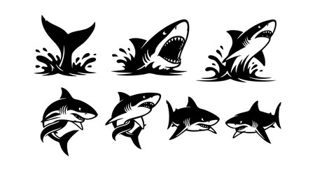 This vector set features great white shark silhouettes in different dynamic poses and angles, emphasizing movement and marine life themes with sharp, clean black shapes. Energetic mood.のイラスト素材