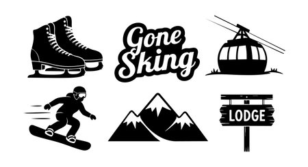 This vector illustration shows skiing and snowboarding equipment with mountains, a cable car, and a lodge sign. It captures winter sports adventure with a bold monochrome style. Energetic mood.のイラスト素材