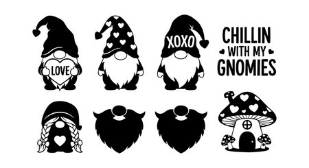 This vector illustration shows adorable black and white gnomes with love hearts and a whimsical mushroom house. The design is playful and charming, perfect for lighthearted creative projects. Cheerful mood.のイラスト素材