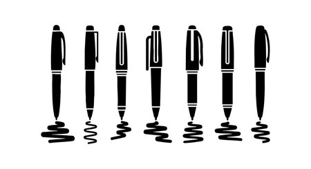 This vector shows seven black silhouette ballpoint pen drawing ink lines on a white background. The collets are evenly spaced and aligned vertically. The style is minimal and clean. Simple and clear illustration.のイラスト素材