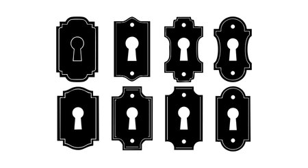 This vector image shows a collection of vintage keyhole silhouettes with classic shapes and ornamental details. The design features black solid fills. The style is elegant and historic.のイラスト素材