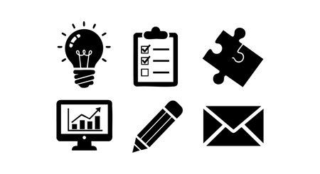 Black and white business and office icons including lightbulb, checklist, puzzle piece, monitor with graph, pencil, and envelope. Simple and clear vector illustration with professional mood.のイラスト素材