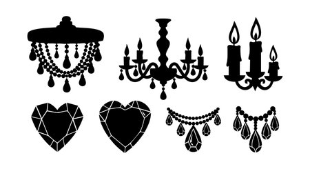 Black silhouette vector illustration of elegant chandelier, candle holder, heart gemstone, and decorative jewelry pendants presenting classic and luxurious style. Stylish and sophisticated mood.のイラスト素材