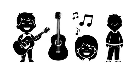 Vector illustration shows happy children playing guitar and singing with music notes around them in black silhouette style creating a joyful atmosphere cheerful moodのイラスト素材