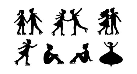 This vector illustration shows silhouette figures of skating couples and women in various poses including sitting and spinning. The image presents dynamic movement and elegance. gracefulのイラスト素材