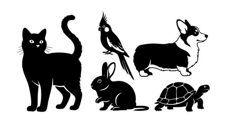 This vector illustration features black silhouette animals including a cat, rabbit, parrot, corgi dog, and turtle arranged in a row, presenting a simple and clear design, calm mood.のイラスト素材