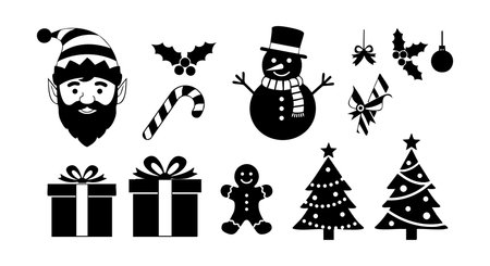 Collection of black Christmas holiday icons including Santa Claus snowman decorated trees gifts candy cane gingerbread man and ornaments in vector style festive cheerful moodのイラスト素材