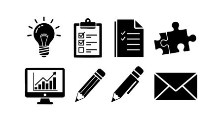 This vector illustration shows business icons including a light bulb idea, checklist, document, puzzle piece, computer with graph, pencils, and envelope in black silhouette style presenting creativity and organization mood.のイラスト素材