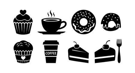 This vector illustration shows black silhouette icons of coffee cup cupcake donut cake and fork representing desserts and beverages with simple design and clear shapes in a modern style cheerfulのイラスト素材
