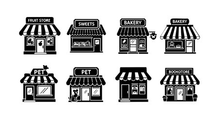 Vector illustration shows eight black and white store shopfronts including fruit sweets bakery pet and bookstore in simple style with clear signage calmのイラスト素材