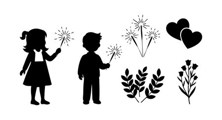 This vector illustration shows two children holding sparklers with hearts and floral elements in silhouette style. The composition is simple and festive, evoking joyful mood.のイラスト素材