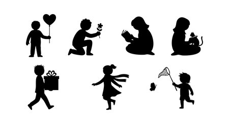 Silhouette vector illustration of children playing with balloons holding flowers reading books carrying gifts dancing and trying to catch butterflies with a net playful joyful moodのイラスト素材